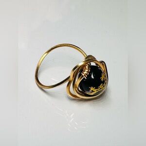 Gold Wire Wrapped Black glass Ring with Gold Dragon Motif